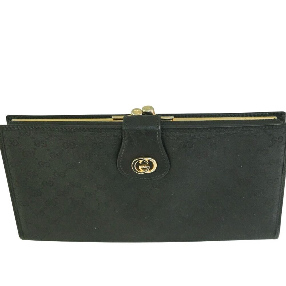 Gucci Vintage Black Coated Long Wallet Logo Kisslock Snap Trifold 035-001-0264